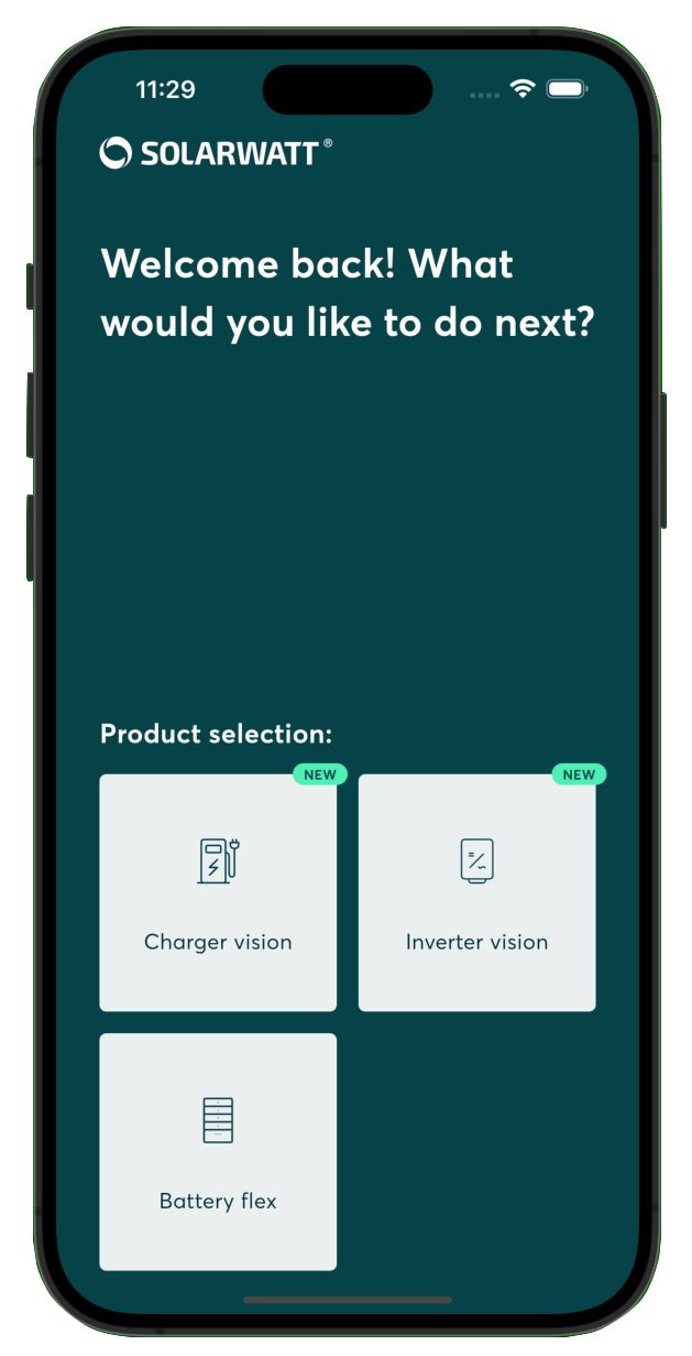 Das BIld zeigt ein Smartphone mit geöffneter Solarwatt Pro App.