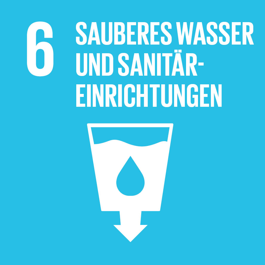 KI generiert: Das Bild zeigt das sechste Ziel der nachhaltigen Entwicklung der Vereinten Nationen: "Sauberes Wasser und sanitäre Einrichtungen". Im Vordergrund steht ein Symbol für Wasser mit einem Pfeil nach unten auf blauem Hintergrund.