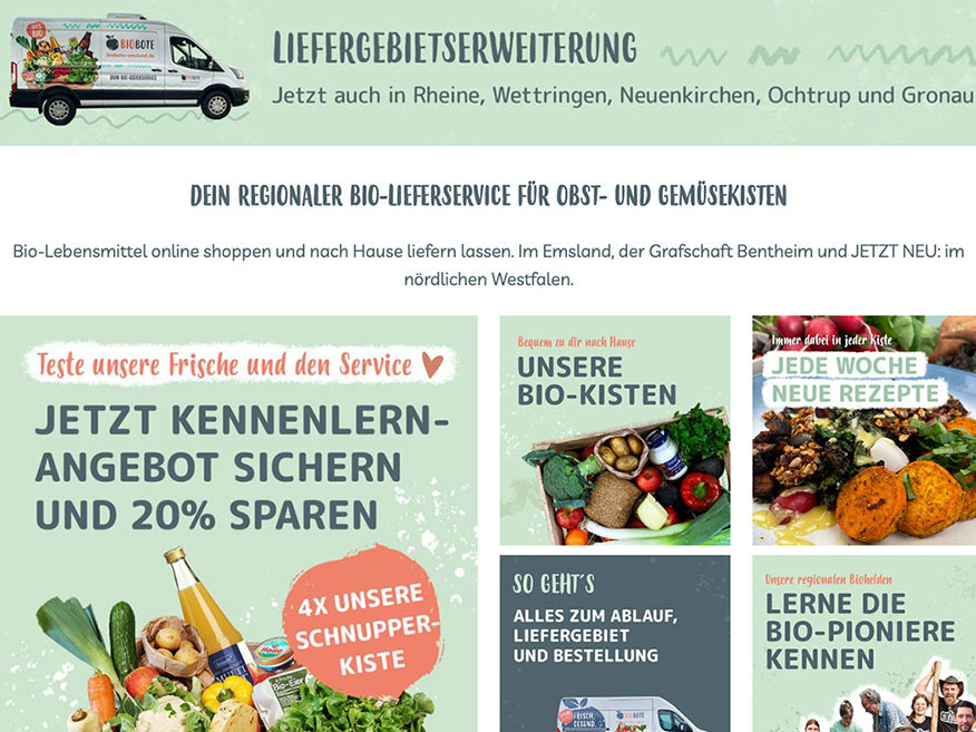 KI generiert: Das Bild bewirbt einen regionalen Bio-Lieferservice für Obst- und Gemüsekisten, der sein Liefergebiet erweitert hat. Es bietet spezielle Kennenlernangebote und Informationen über den Service und die angebotenen Produkte.