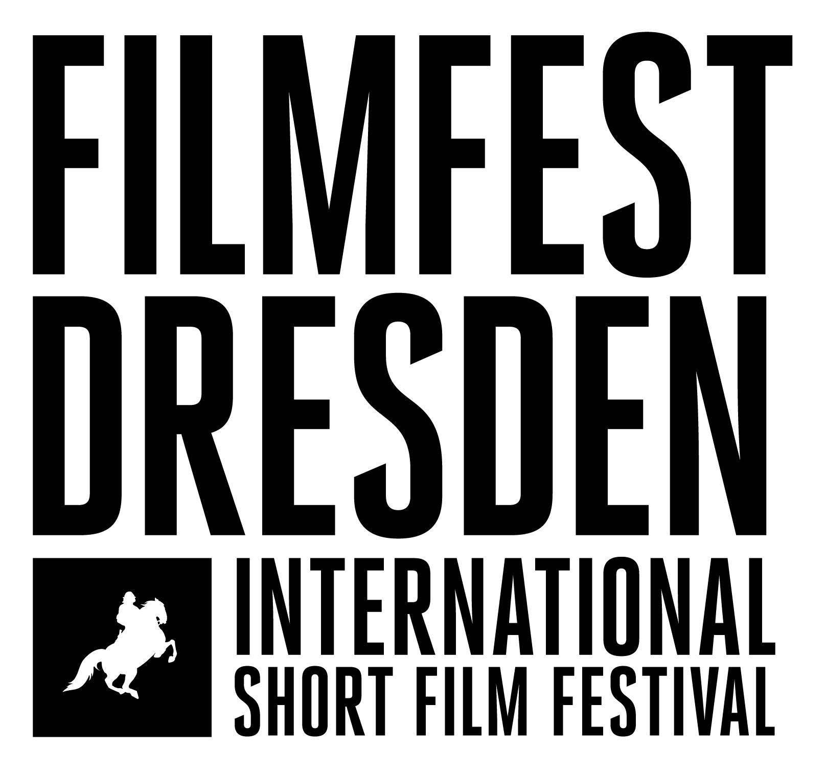 KI generiert: Das Bild zeigt das Logo des Filmfest Dresden, eines internationalen Festivals für Kurzfilme. Der Hauptinhalt ist der Schriftzug "FILMFEST DRESDEN INTERNATIONAL SHORT FILM FESTIVAL" und das Symbol eines Pferdes.